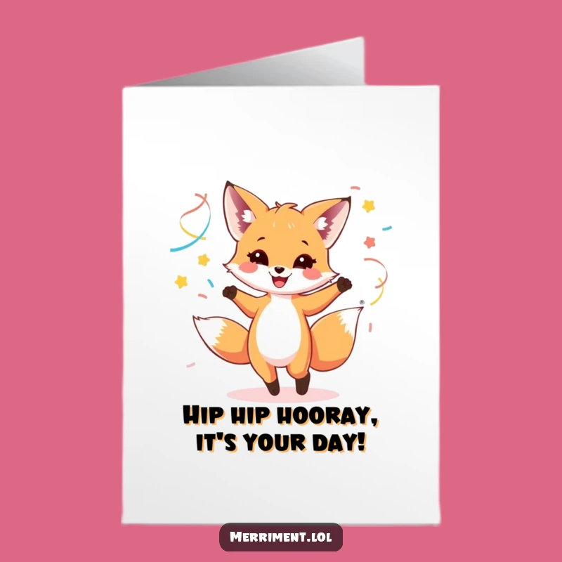 Free Printable Birthday Card: Dancing Fox Cub Streamers - Funny Downloadable Gift