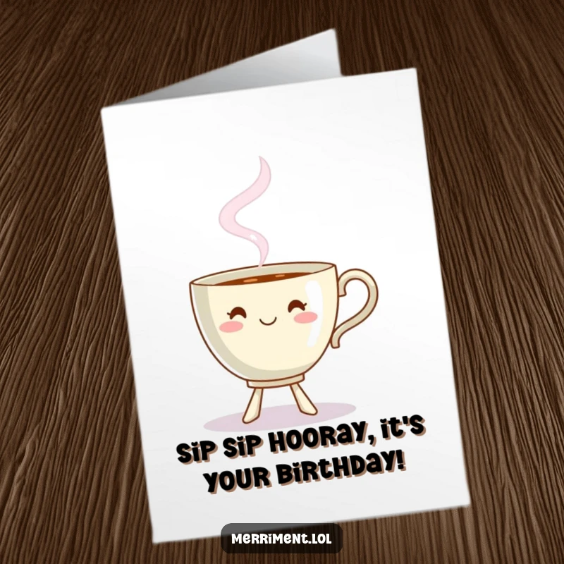 Funny Free Printable Birthday Card: A cheerful teacup dances joyfully, its steam swirling into a playful, whimsical shape.