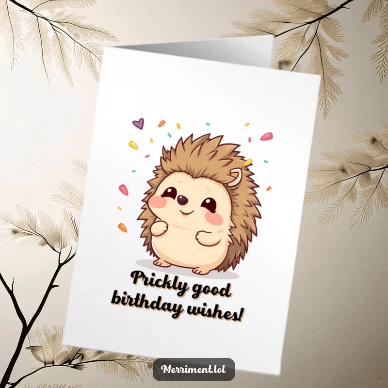 Funny Free Printable Birthday Card: Smiling hedgehog trying to catch falling confetti with its nose, adorable and humorous.