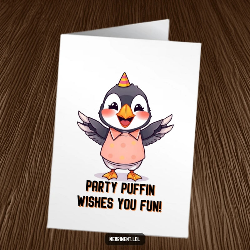 Funny Free Printable Birthday Card: A grinning puffin in a bright party shirt, wiggling its wings, perfect for a DIY gift.