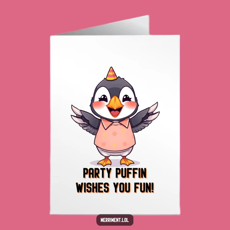 Free Printable Birthday Card: Grinning Puffin Party Shirt, Wiggle Greeting Downloadable Gift