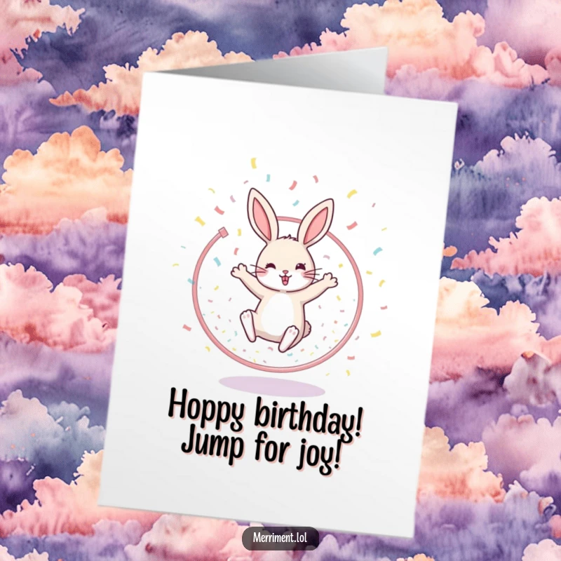 Funny Free Printable Birthday Card: A cheerful rabbit joyfully leaps through a hoop surrounded by a shower of confetti in a festive design.