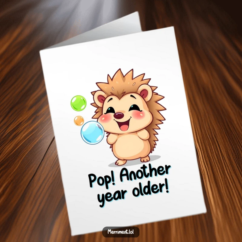 Funny free printable birthday card featuring a cheerful hedgehog blowing vibrant, colorful bubbles with a huge smile.