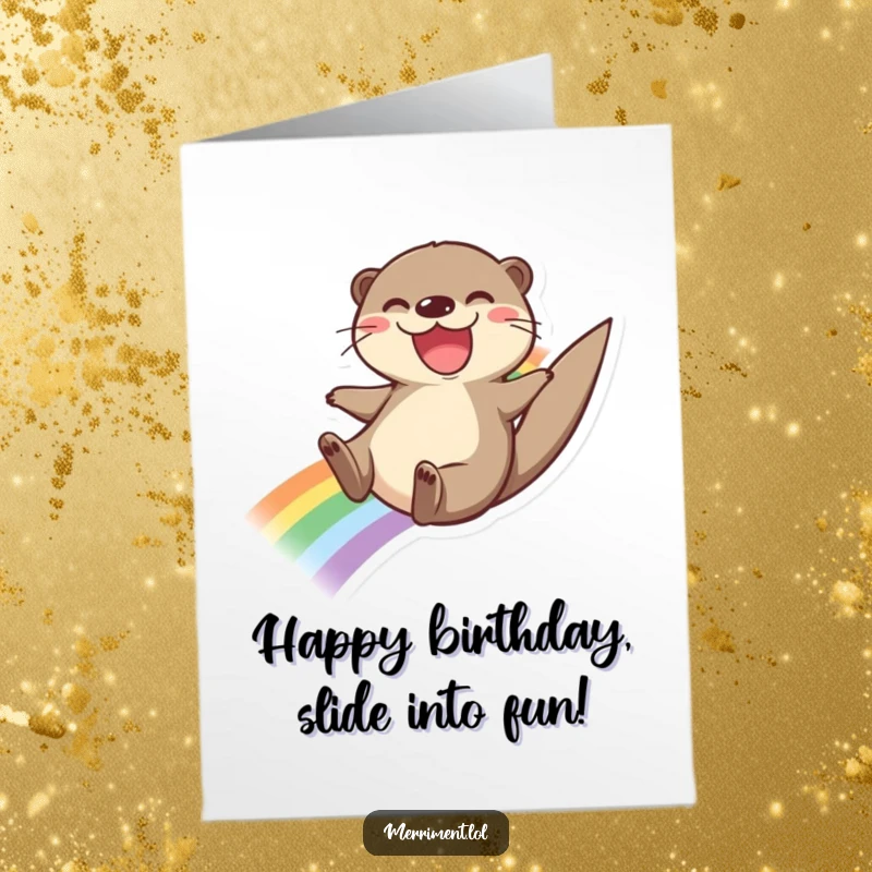Funny Free Printable Birthday Card: A joyful otter slides down a vibrant rainbow with a huge, beaming grin.