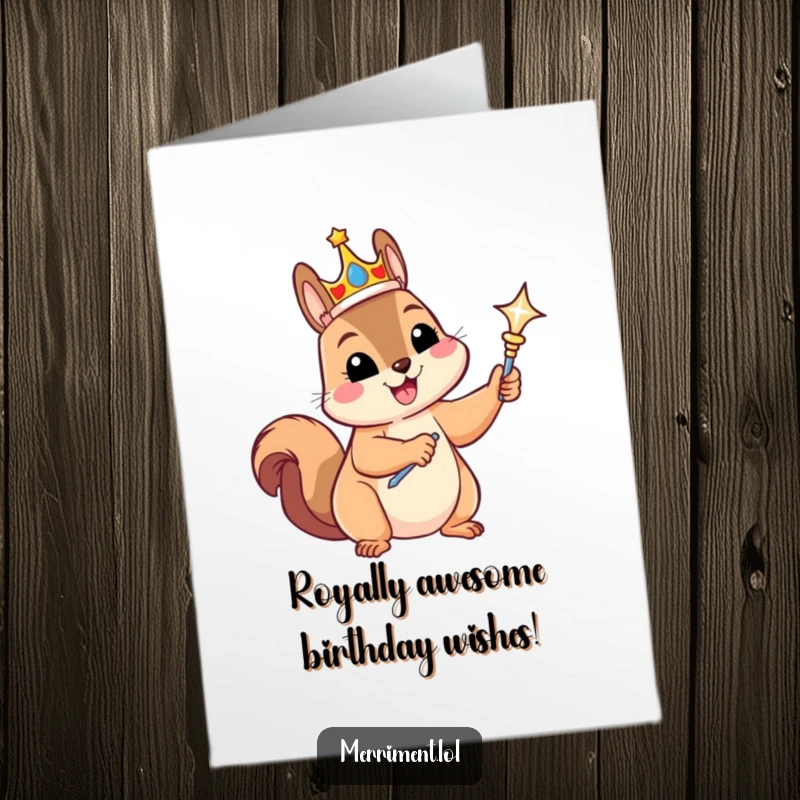 Funny Free Printable Birthday Card: A gleeful squirrel dons a tiny crown and holds a scepter, ready to rule the party.