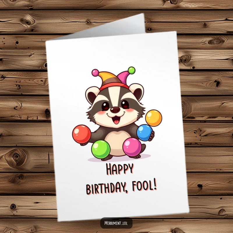 Funny Free Printable Birthday Card: Happy badger in a jester hat juggling rainbow balls, bursting with birthday joy.