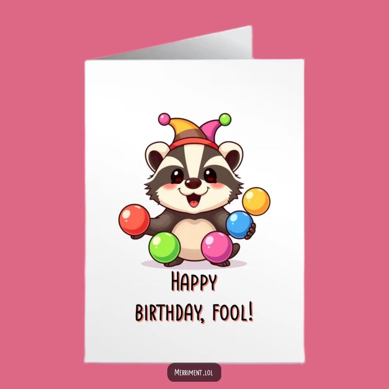 Free Printable Birthday Card: Jester Badger Juggling Rainbows for a Fun Downloadable Gift