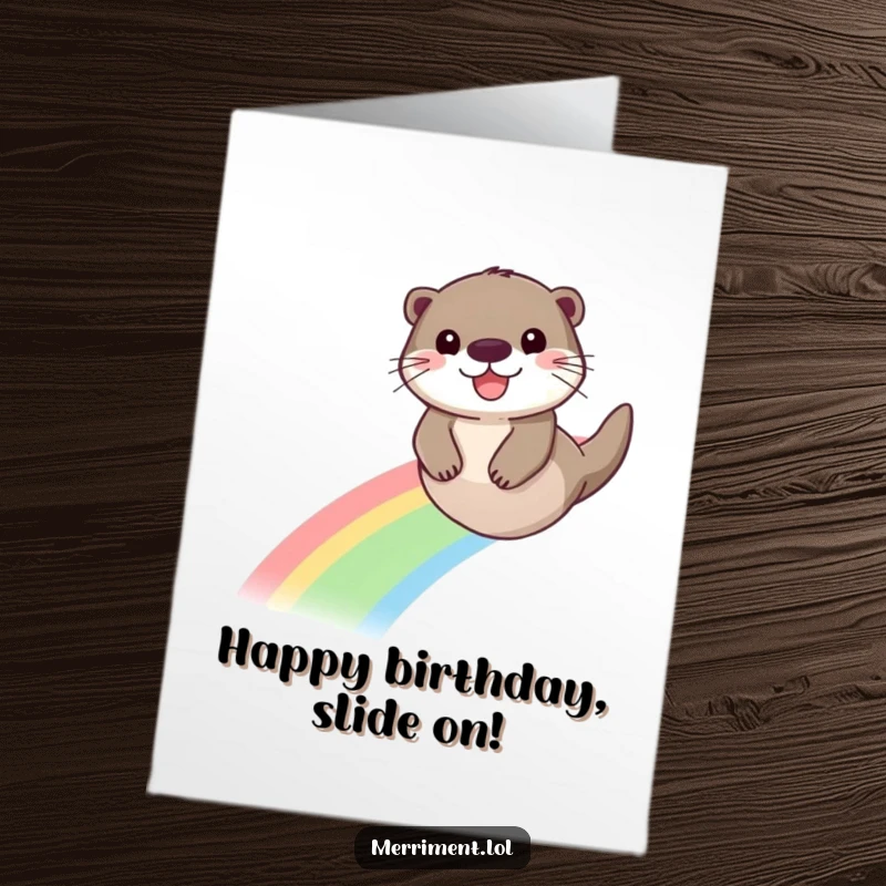 Funny Free Printable Birthday Card: A happy otter gleefully sliding down a vibrant rainbow