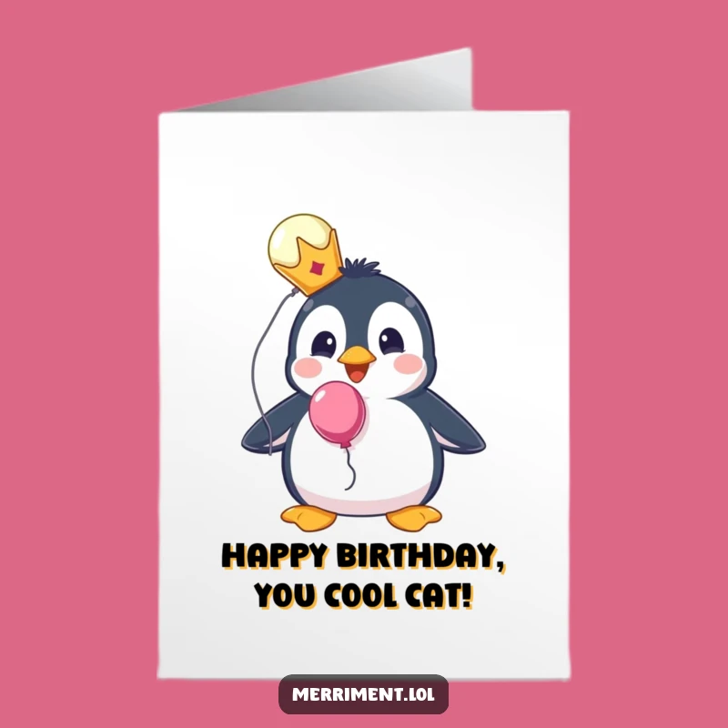 Free Printable Birthday Card: Surprised Penguin Crown Balloon - Funny Gift