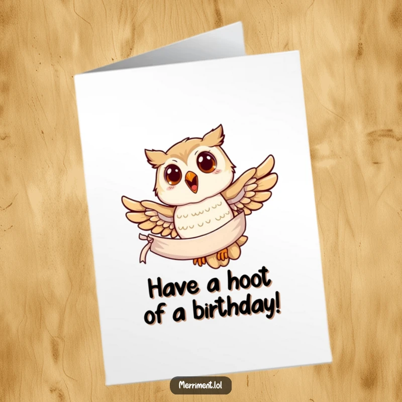 Funny Free Printable Birthday Card: A joyful owl soars through the sky, holding a banner with birthday wishes attached.