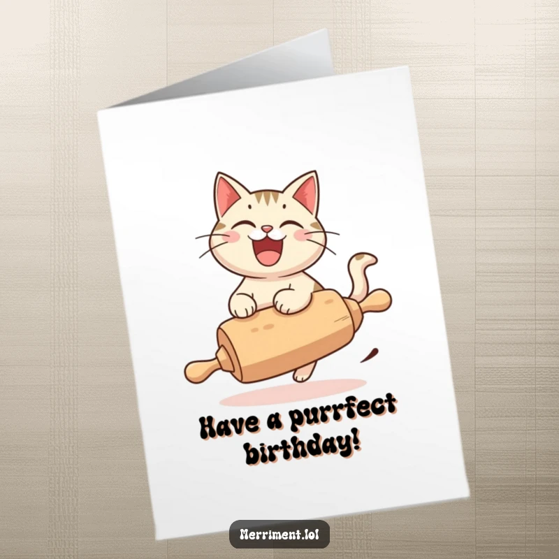 Funny Free Printable Birthday Card: A cheerful cat grins widely while riding a speedy, runaway rolling pin.
