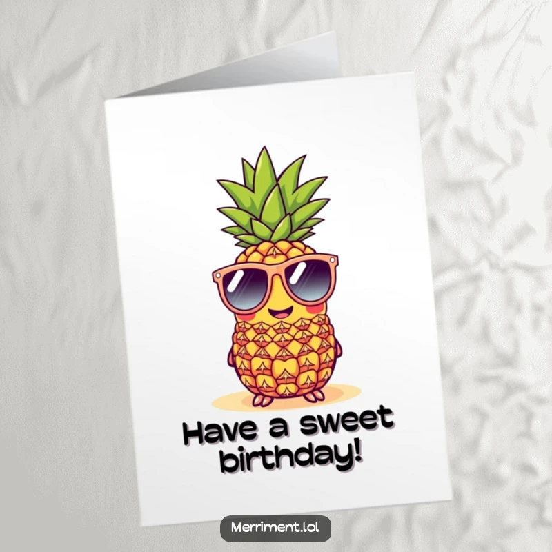 Funny Free Printable Birthday Card: A beaming pineapple sports oversized sunglasses, radiating cool vibes on a sunny beach.
