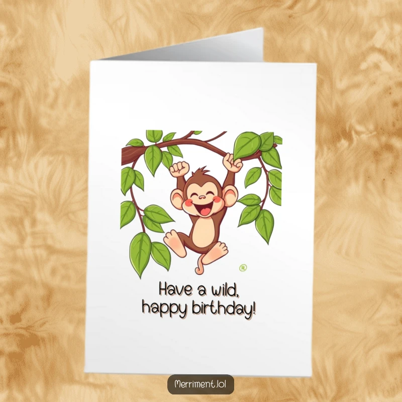 Funny free printable birthday card: A silly monkey swings wildly from a vine with a joyful expression.