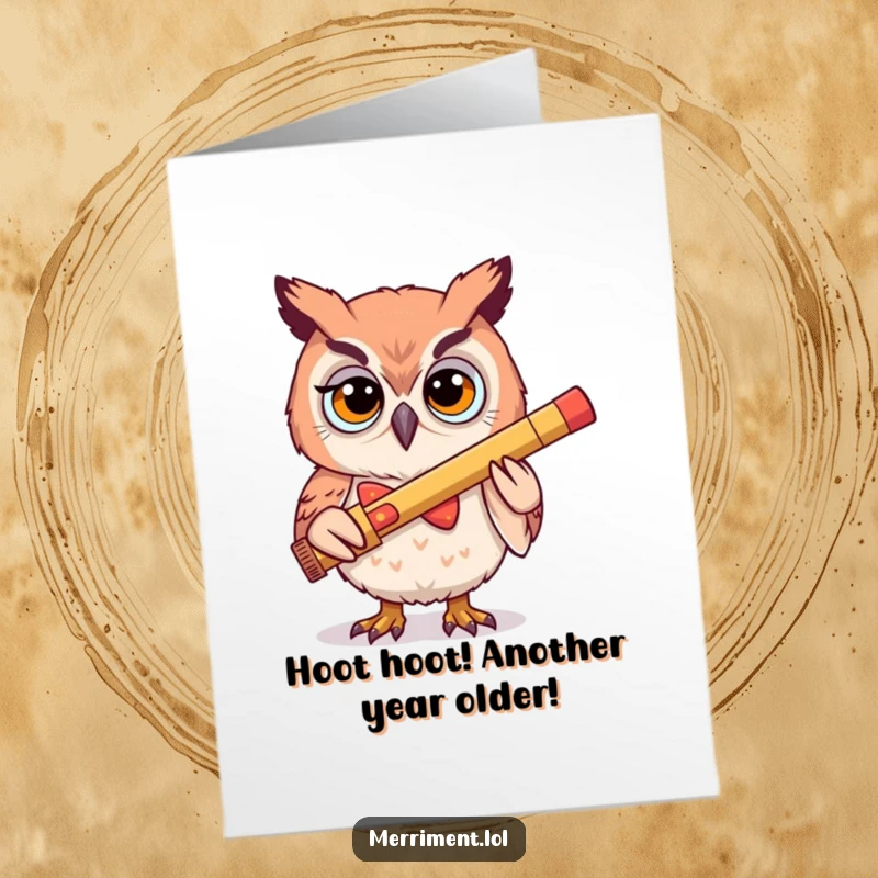 Funny Free Printable Birthday Card: A determined owl sporting a silly bowtie, enthusiastically playing a giant kazoo for a birthday wish.