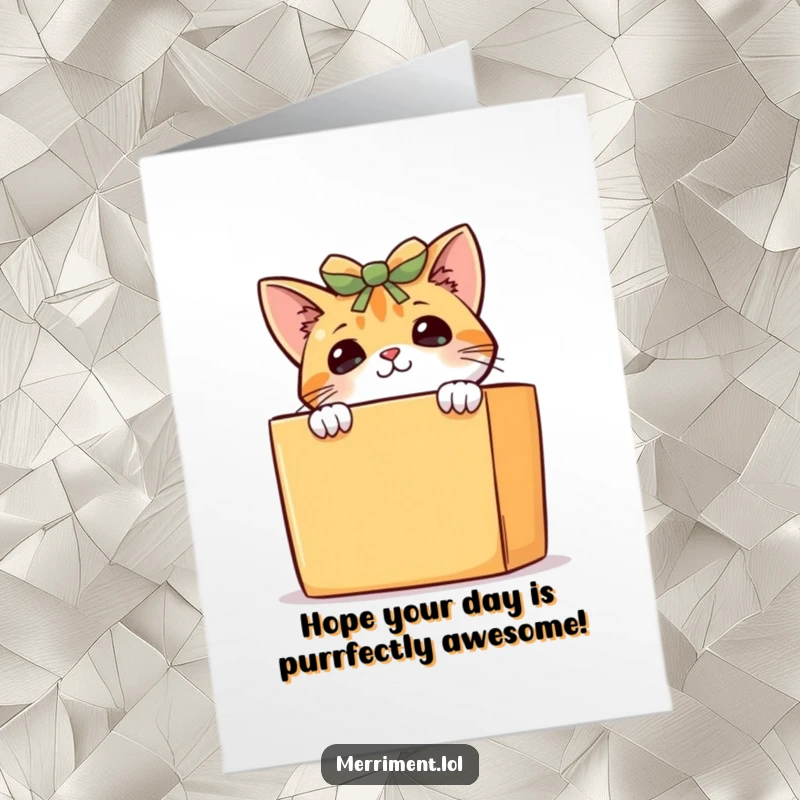 Funny Free Printable Birthday Card: Curious cat peeking from behind a giant gift box, ready to pounce on the fun.
