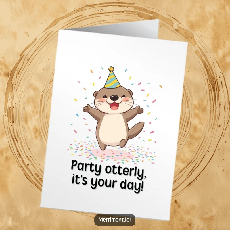 Funny Free Printable Birthday Card: A joyful otter in a party hat leaps through a shower of colorful confetti.