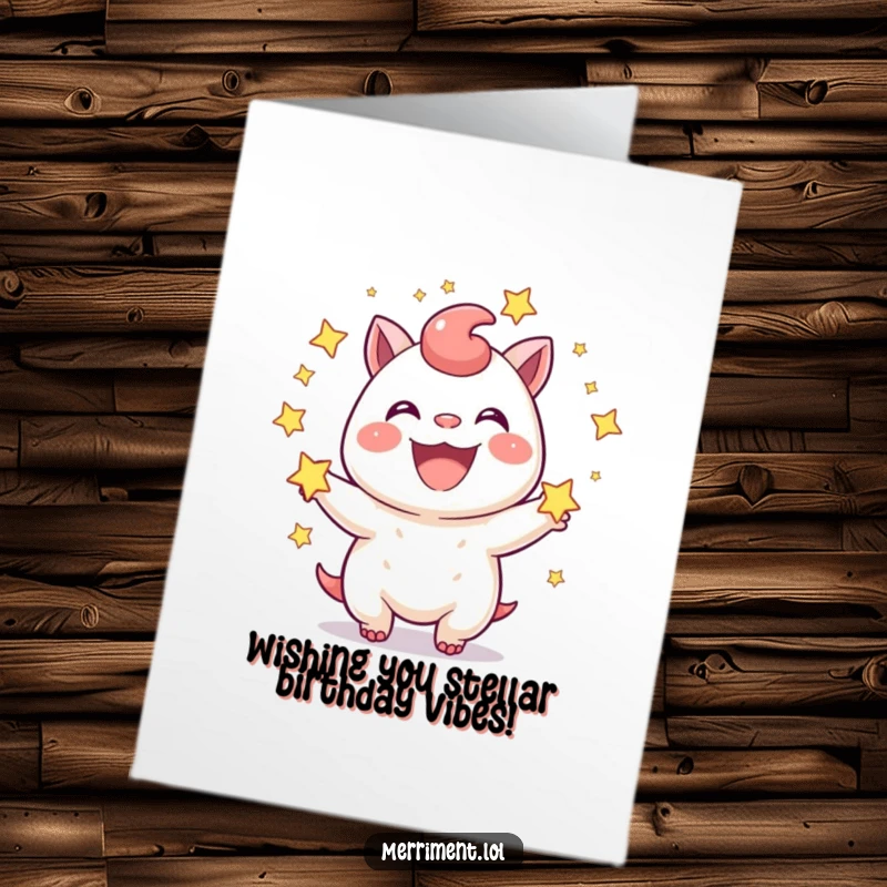 Funny Free Printable Birthday Card: Joyful creature juggling sparkling stars with a wide grin, wishing happiness.