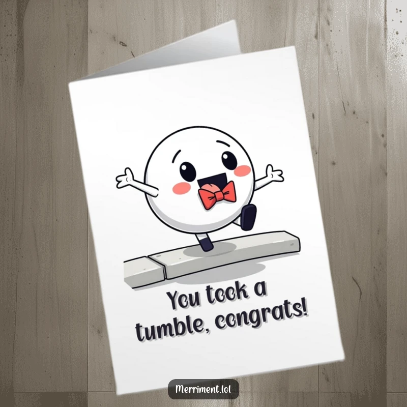 Free Printable Congratulations Card: A bowtie-wearing bouncing ball character is captured mid-fall off a curb, humorously depicting life's little mishaps.