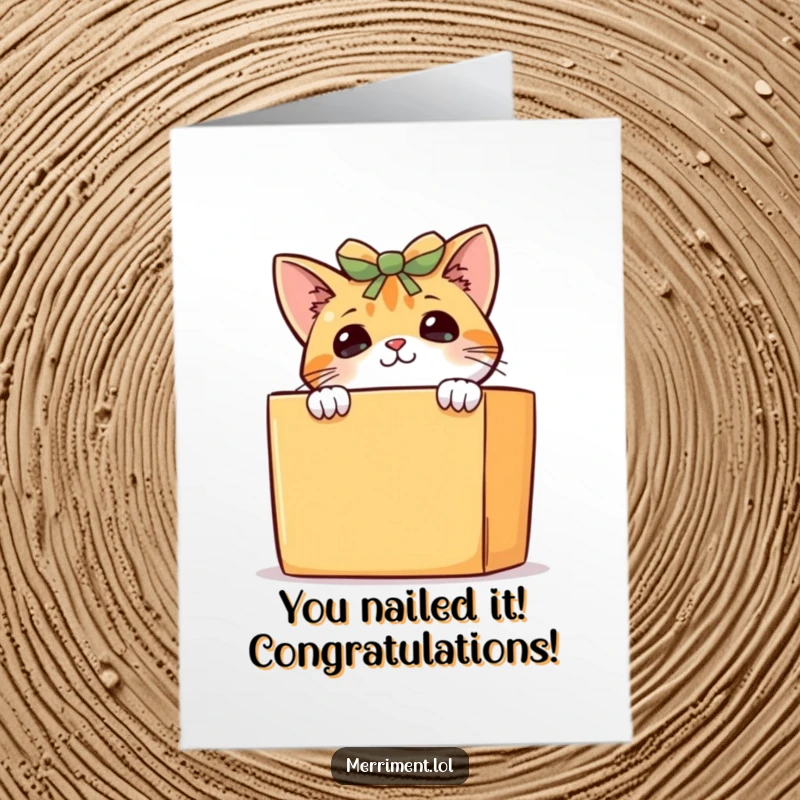 Funny Free Printable Congrats Card: Curious cat emerging from a gift box, observing congratulations with mischievous glee.