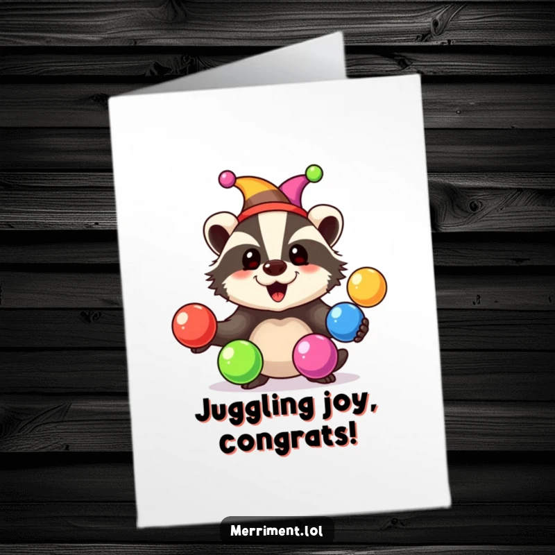 Funny Free Printable Congratulations Card: Badger in a jester hat juggling rainbow balls, celebrating a triumph.