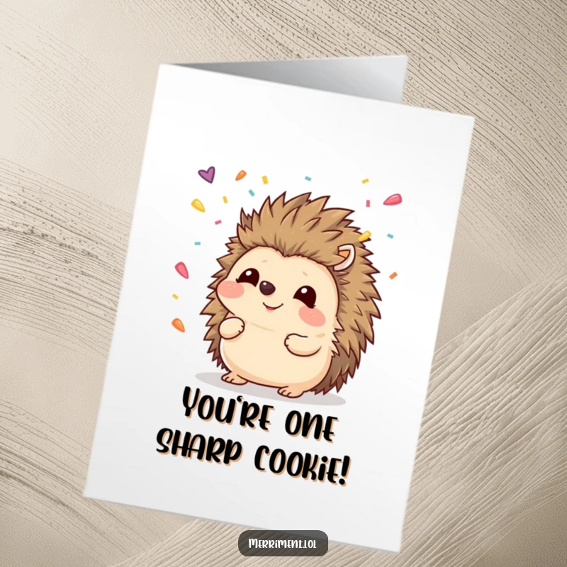 Funny Free Printable Congratulations Card: Hedgehog comically catching falling confetti with its nose, celebrating success with humor.