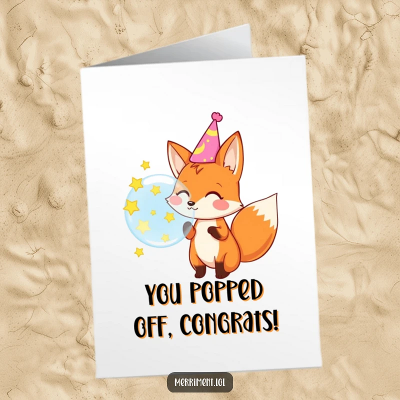Funny Free Printable Congratulations Card: A happy fox blows a bubble that bursts into shiny stars