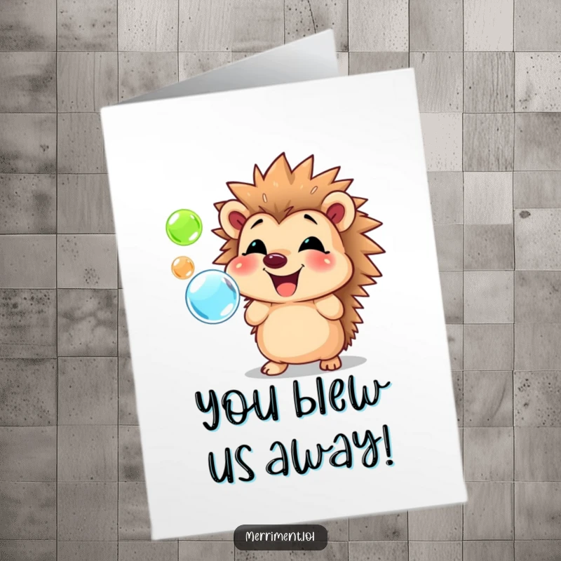 Charming free printable congratulations card of a smiling hedgehog blowing a stream of colorful bubbles.
