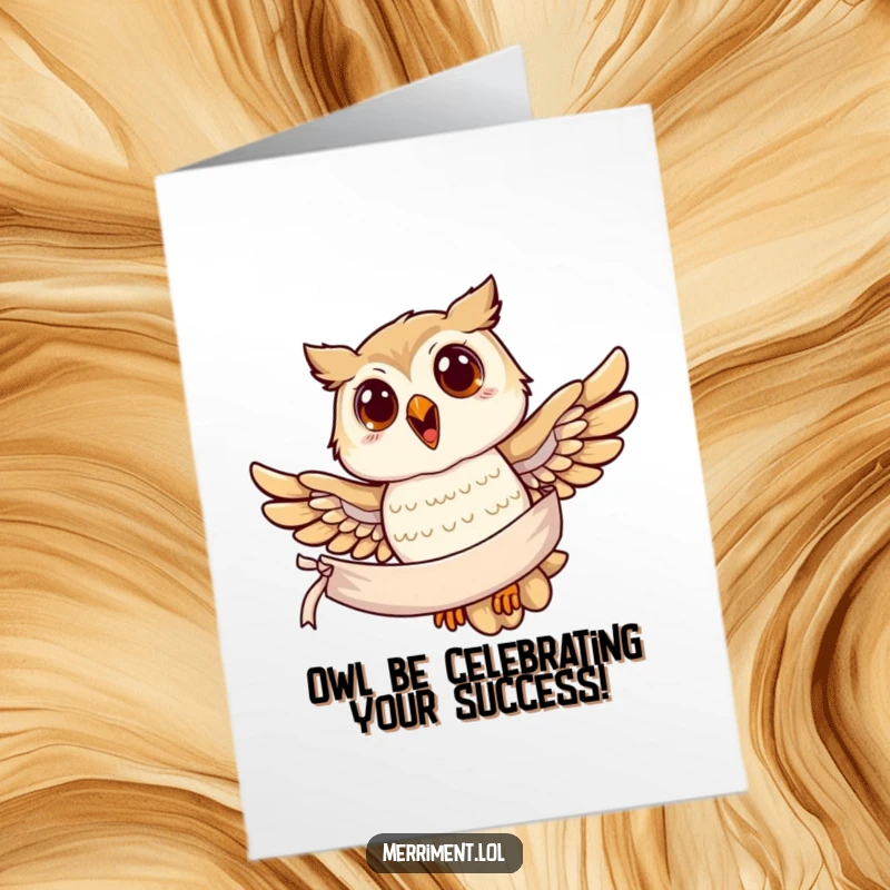 Funny Free Printable Congrats Card: A joyful owl carries a banner proclaiming congratulations, soaring high with pride.
