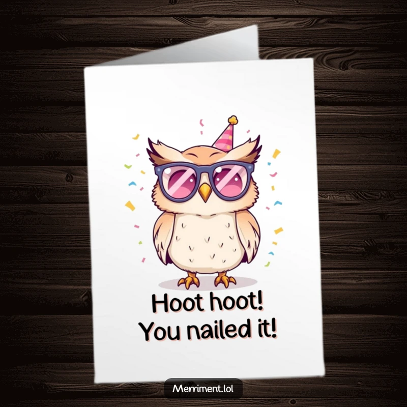 Funny Free Printable Congratulations Card featuring a party-loving owl in glasses throwing confetti for a happy occasion.