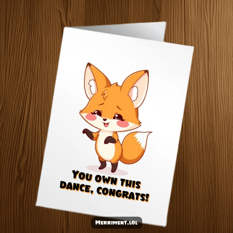 Funny Free Printable Congrats Card: A happy fox dances joyfully, its enormous floppy ears adding to the silliness.