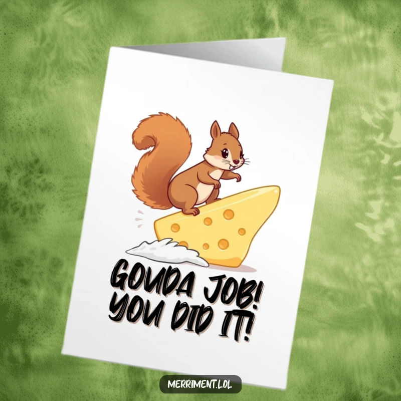 Funny Free Printable Congrats Card: Squirrel boldly surfs cheese, celebrating achievements with hilarious downloadable art.