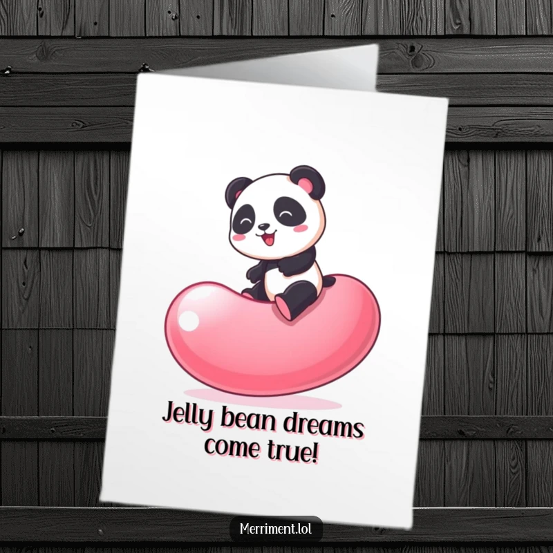 Free Printable Congratulations Card: Playful panda achieving balance while bouncing on a giant jelly bean.