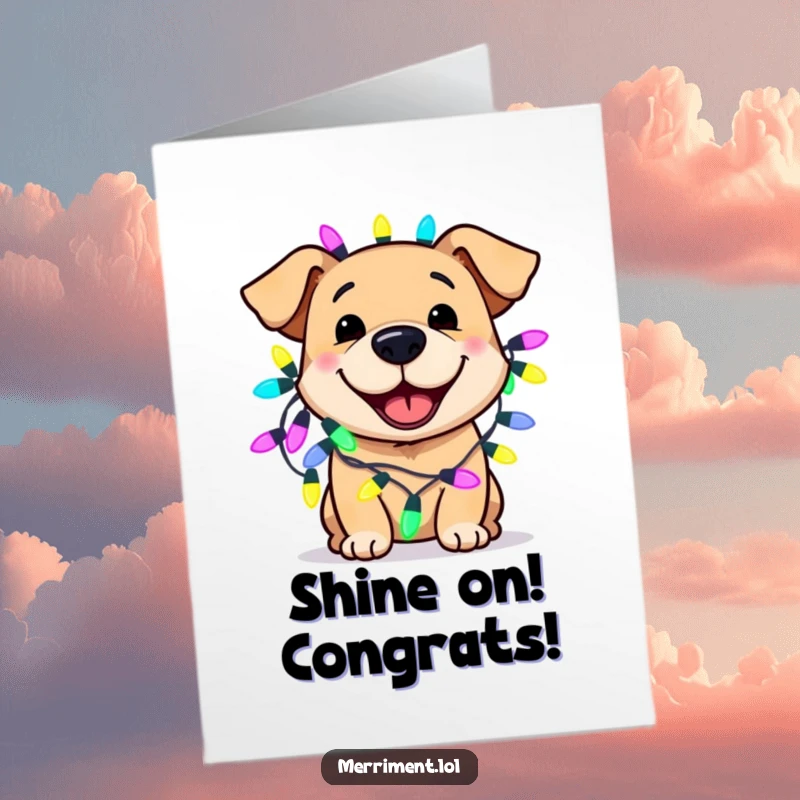 Funny free printable congratulations card showing a happy dog wearing bright, oversized fairy lights, celebrating.