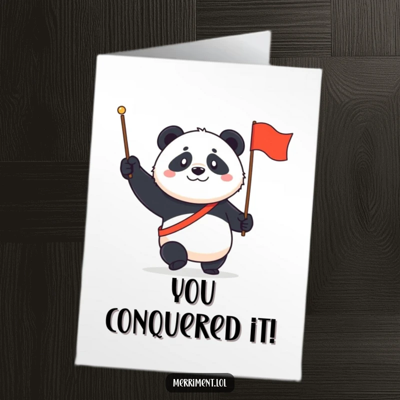 Funny Free Printable Congratulations Card showing a determined panda marching with a tiny flag, celebrating a big win.