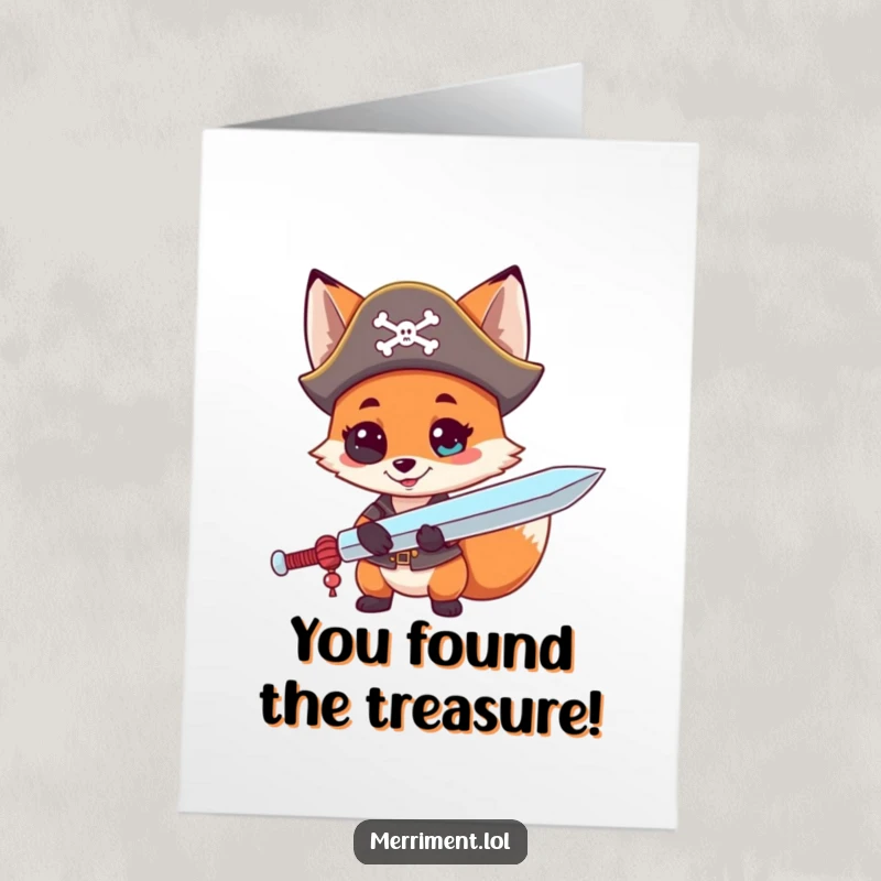 Funny Free Printable Congratulations Card: A curious fox wearing a pirate hat brandishes a giant lollipop sword, claiming sweet victory.