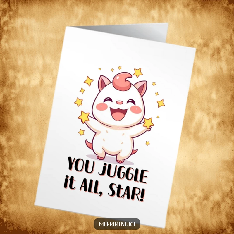 Funny Free Printable Congrats Card: Joyful creature juggling sparkling stars with a wide grin, celebrating achievement.