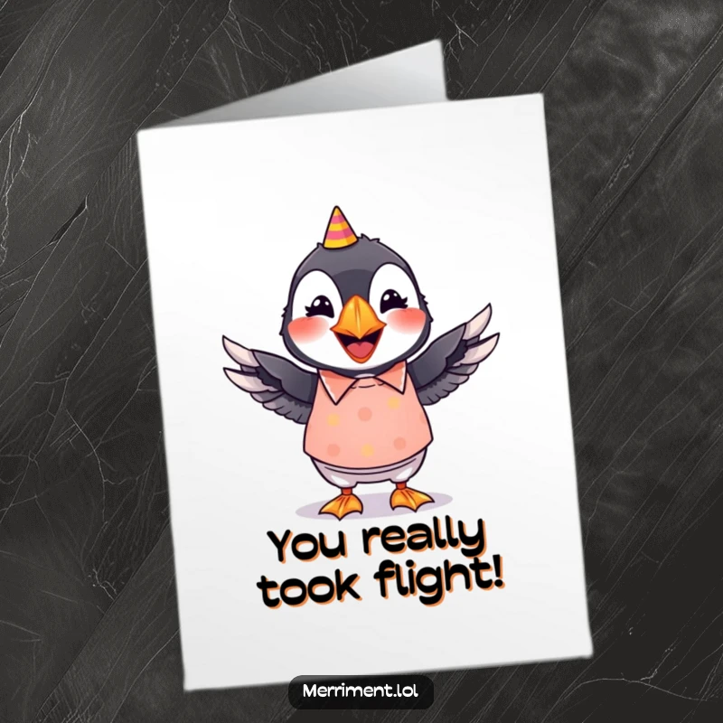 Funny Free Printable Congratulations Card: A grinning puffin in a bright party shirt, wiggling its wings with excitement, ideal downloadable art.