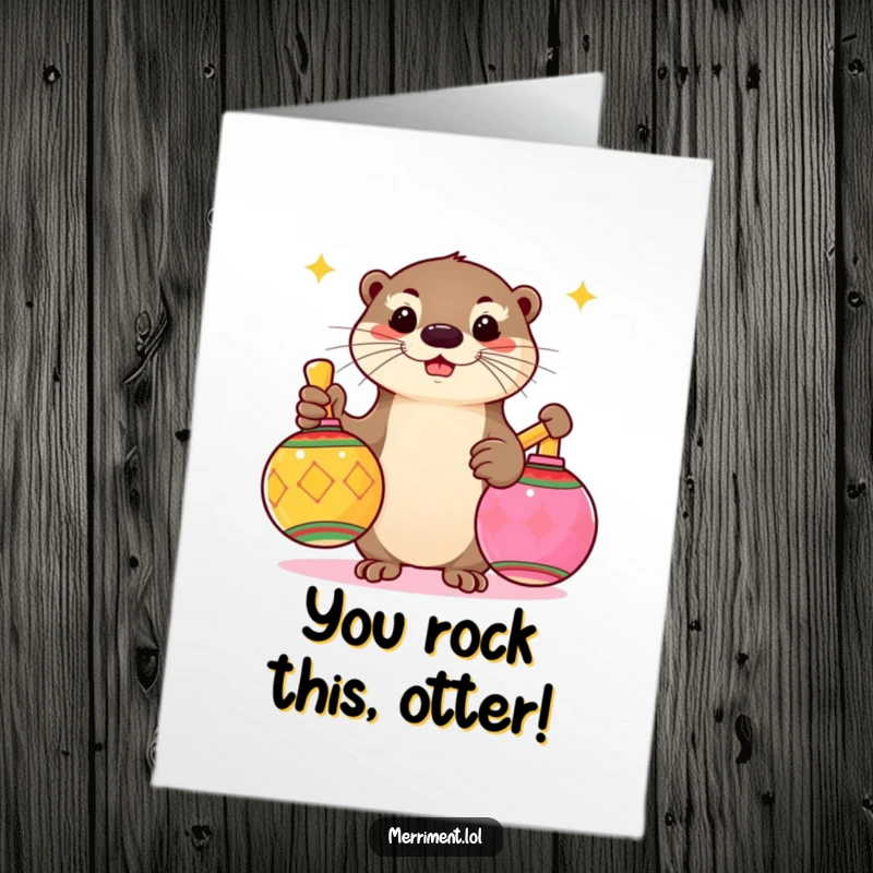 Funny Free Printable Congratulations Card: A playful otter shakes giant colorful maracas with gusto, cheering on their success.