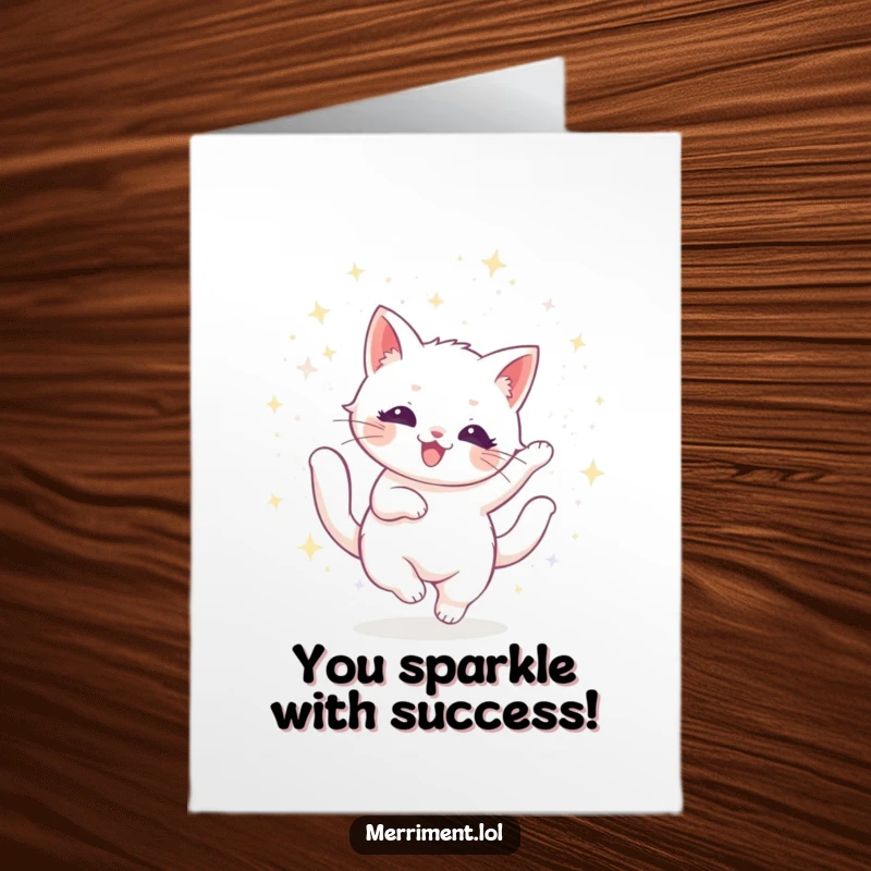 Elegant free printable congratulations card of a radiant cat twirling in a dazzling cascade of glitter.