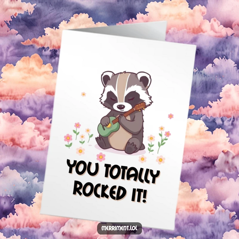 Funny Free Printable Congratulations Card: Badger creating instant floral blooms with its musical rhythm, celebrating success with nature's magic.