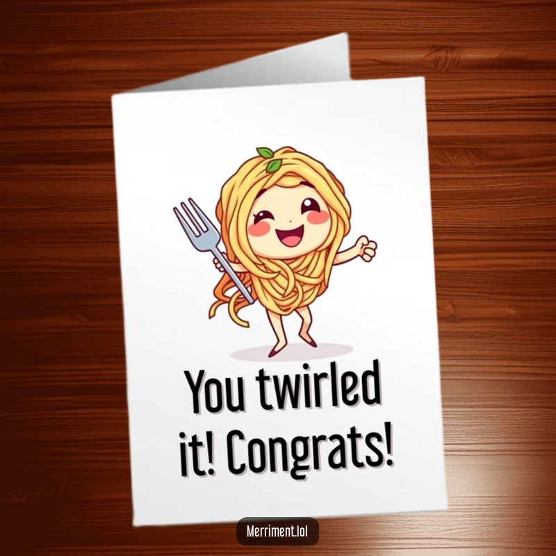 Free Printable Congratulations Card: A happy spaghetti character performs a passionate tango with a fork, symbolizing a perfectly paired success.