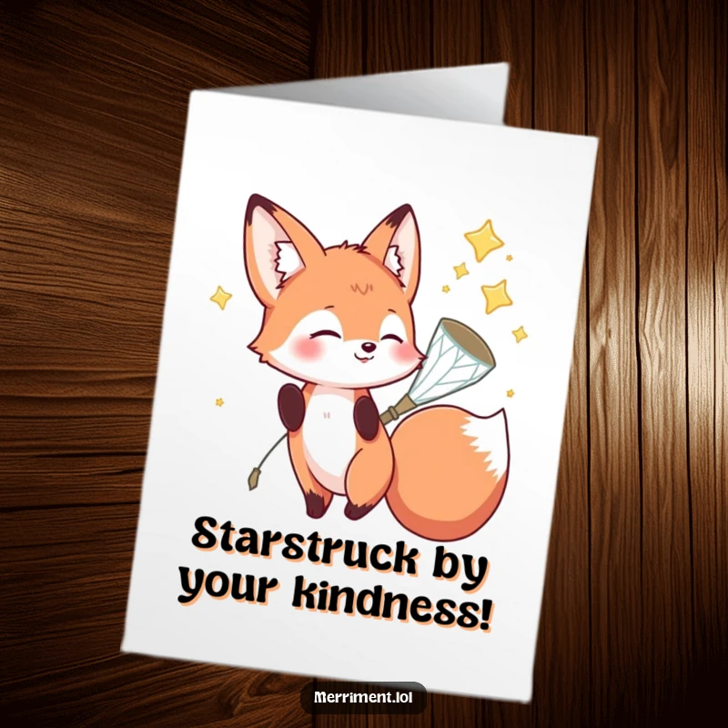 Funny free printable thank you card: A happy fox catches shimmering stars in a tiny, sparkly net.
