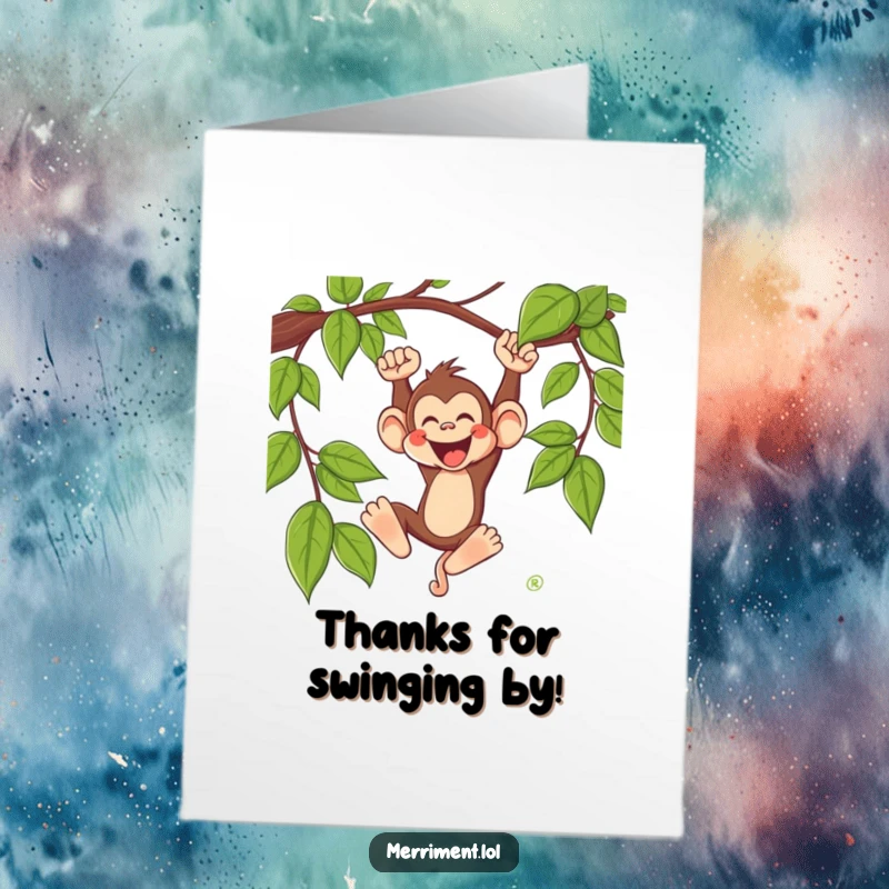 Funny free printable thank you card: A silly monkey swings wildly on a vine, letting out a happy whoop.