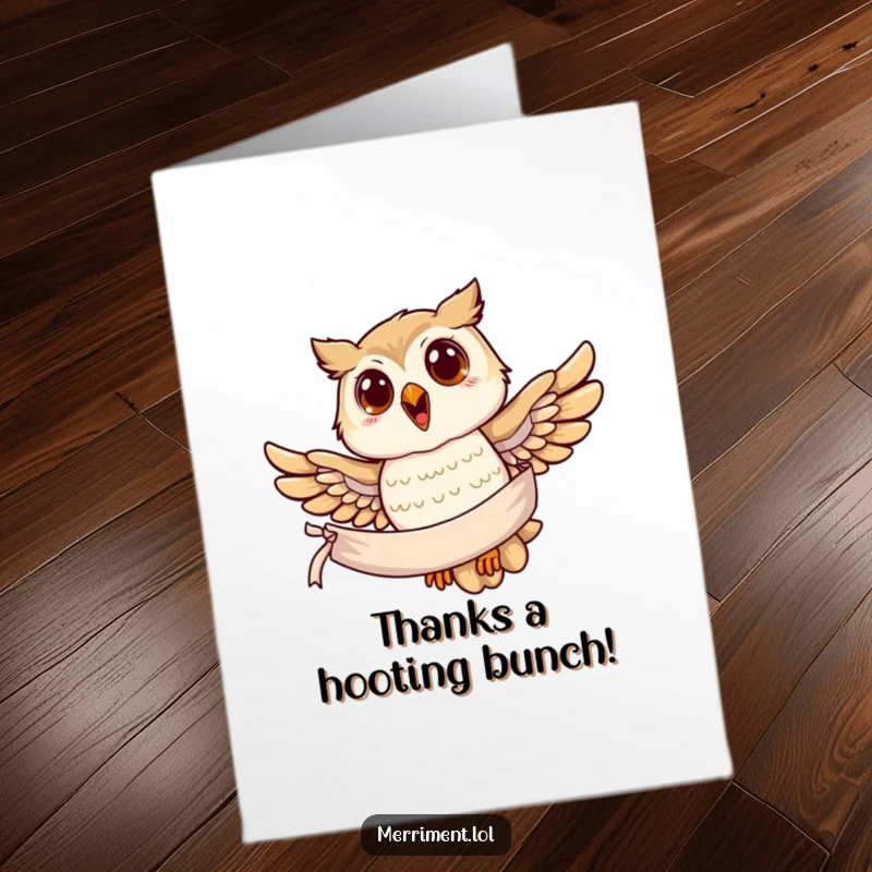 Funny Free Printable Thank You Card: A joyful owl flies with a banner, gracefully delivering thanks and appreciation.