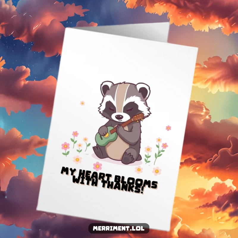 Funny Free Printable Thank You Card: Badger tapping a rhythm that makes flowers bloom, expressing thanks through nature's beauty.