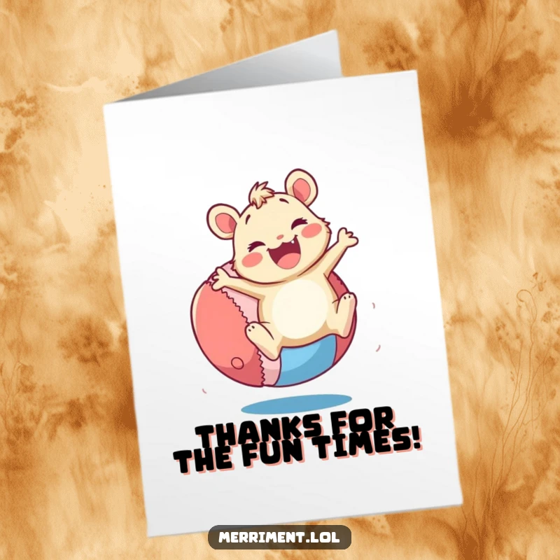 Funny Free Printable Thank You Card: Merry critter bouncing a giant colorful ball with enthusiasm, playful thanks.