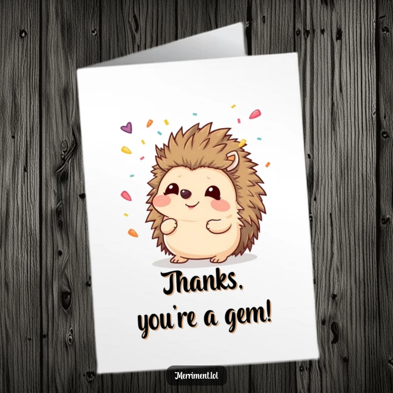 Funny Free Printable Thank You Card: Adorable hedgehog attempting to catch falling confetti with its nose, expressing thanks humorously.