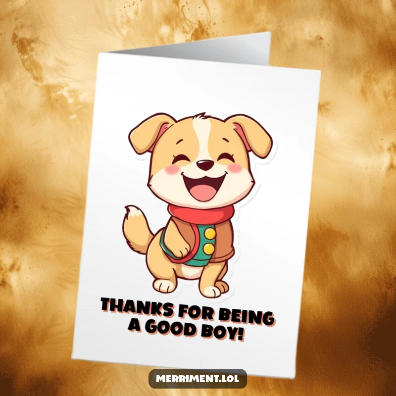 Funny Free Printable Thank You Card: A happy dog in a festive vest with its tail wagging, perfect DIY greeting.