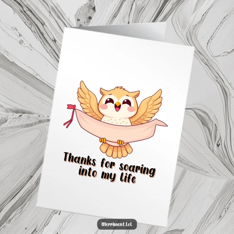Funny Free Printable Thank You Card with a joyful owl carrying a banner, great for a unique expression of thanks.