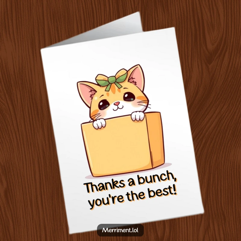 Funny Free Printable Thank You Card: A curious cat peeks from a gift box, conveying thanks with adorable mischief.